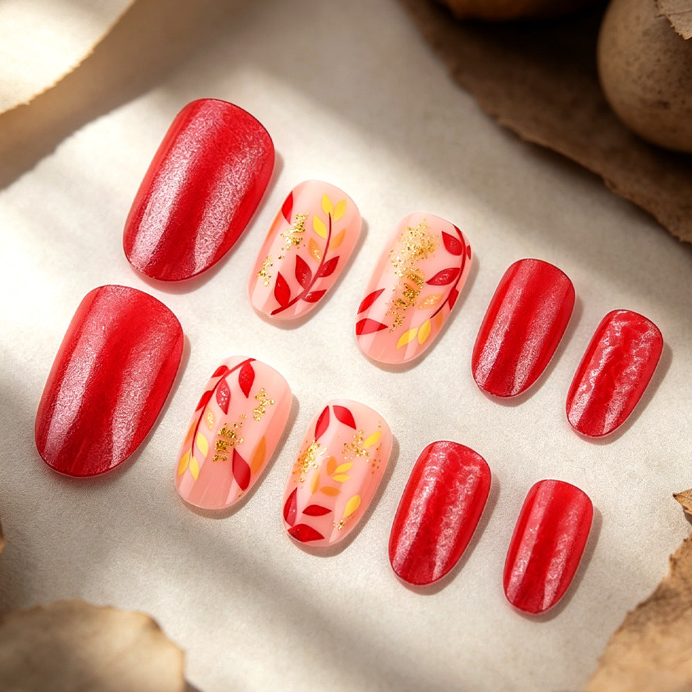 Autumn Elegance Short Oval Red with Botanical Accents Press On Nail Set