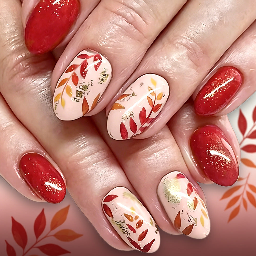 Autumn Elegance Medium Almond Red with Leaf Designs Press on Nail Set