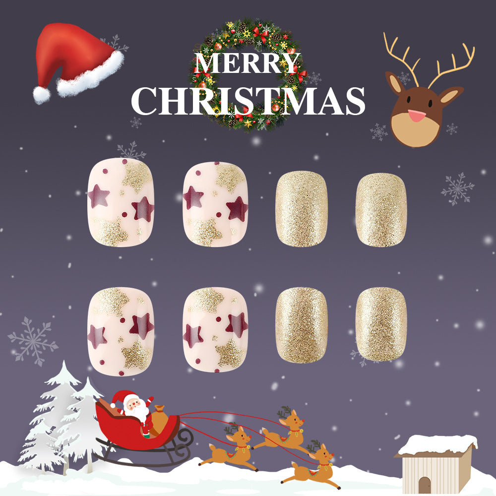 Christmas-themed nail art display with Santa Claus, reindeer, and snowflakes on a dark background.