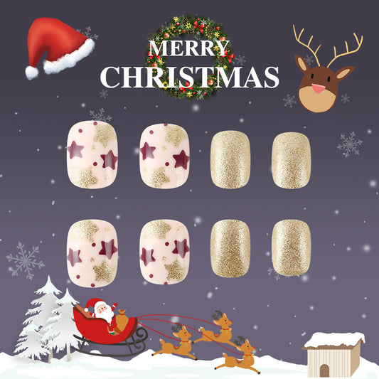 Christmas-themed nail art display with Santa Claus, reindeer, and snowflakes on a dark background.