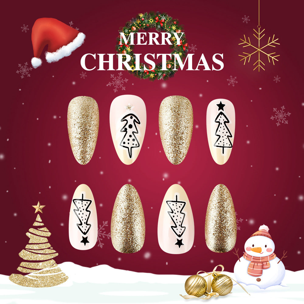 Festive Glam Long Almond Golden Glitter Press On Nail Set with Unique Christmas Tree Design