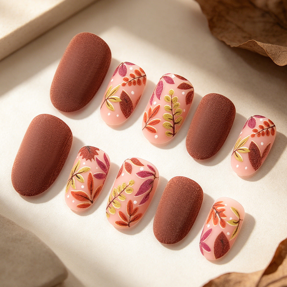 Autumn Harmony Medium Oval Terracotta Press on Nail Set with Elegant Leaf Design