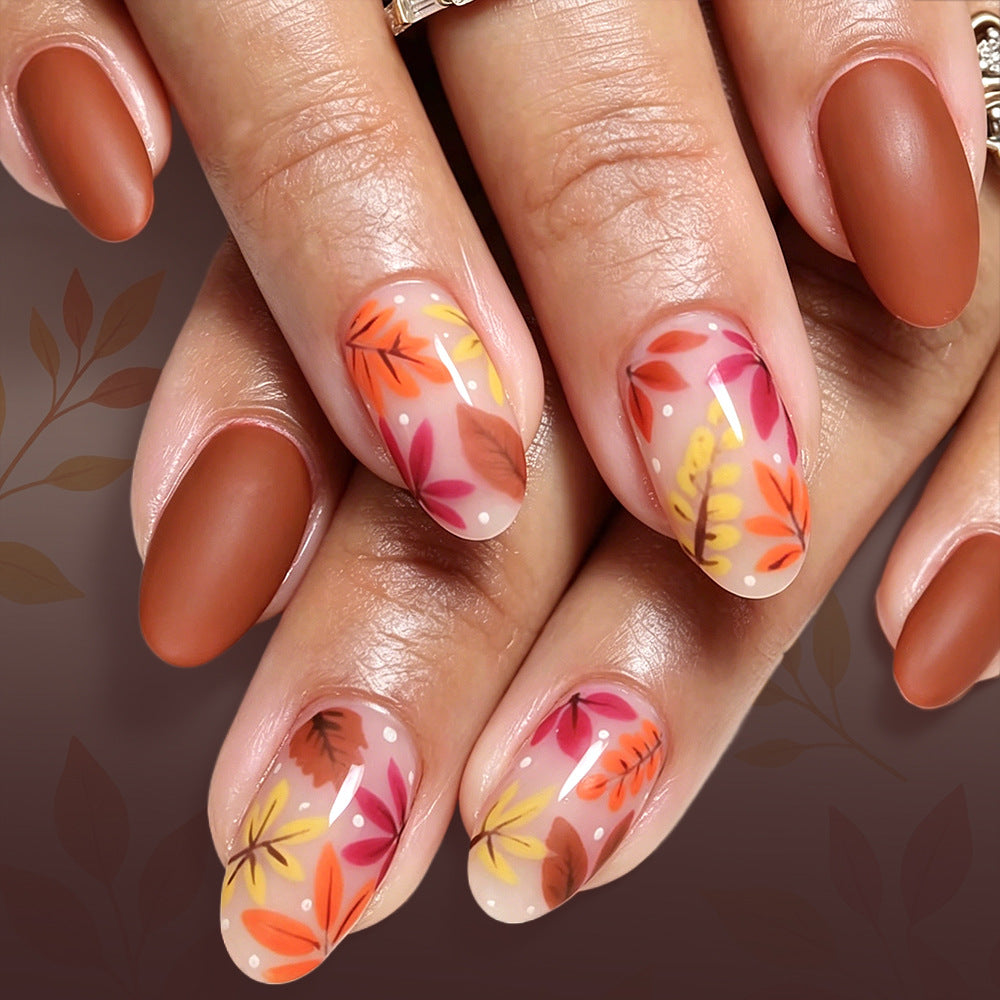 Autumn Bliss Medium Oval Rusty Matte Press On Nail Set with Floral Accents