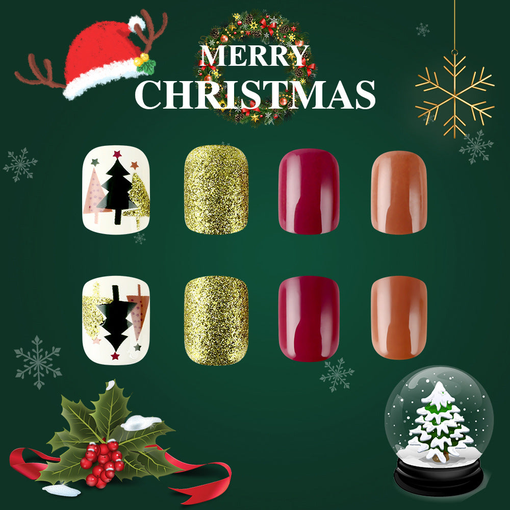 Festive Holiday Cheer Medium Square Red Gold Green Glitter Press On Nail Set