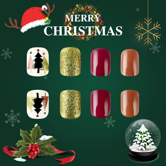 Festive Holiday Cheer Medium Square Red Gold Green Glitter Press On Nail Set