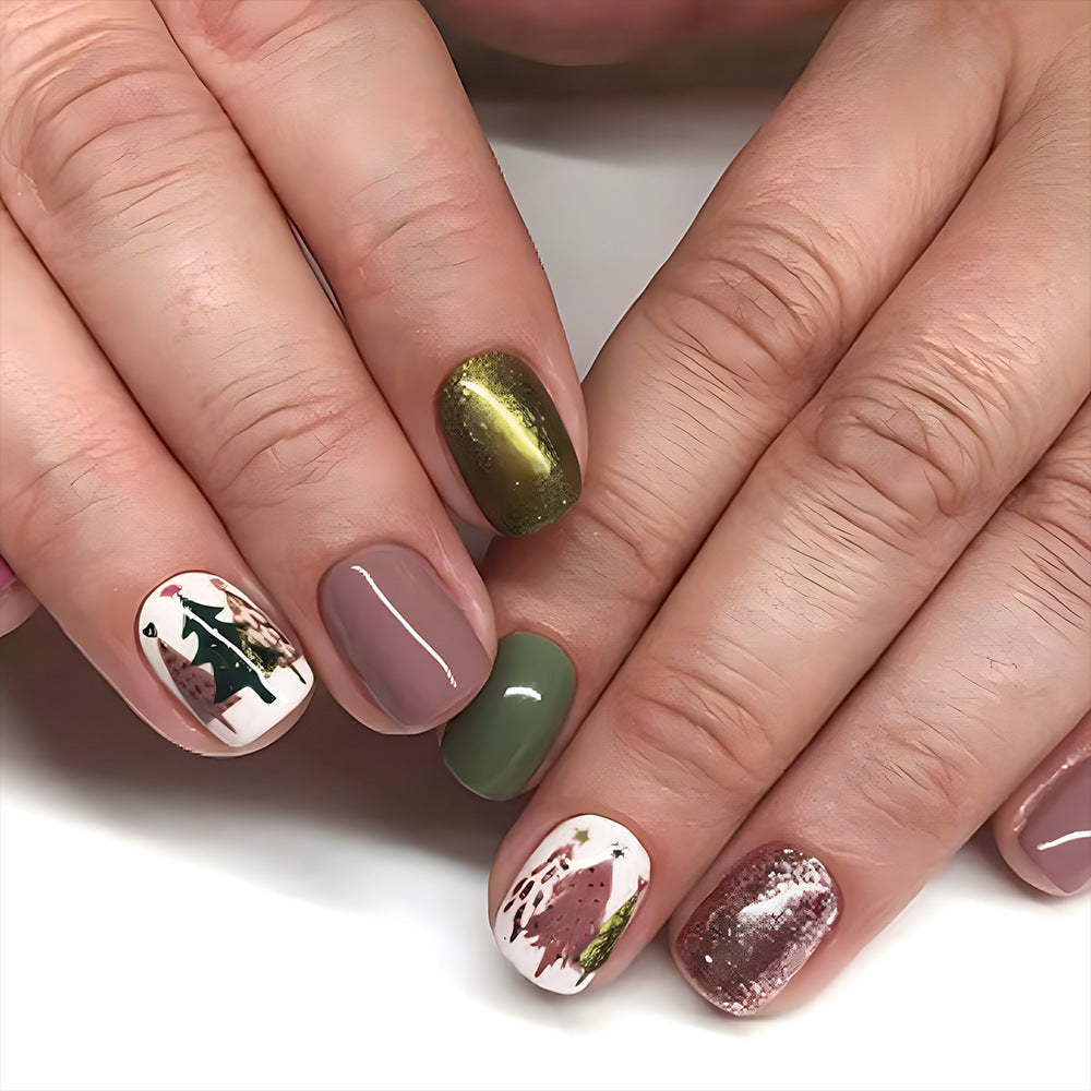 Festive Forest Inspired Medium Square Green Brown and White Press On Nail Set with Unique Tree Art Design
