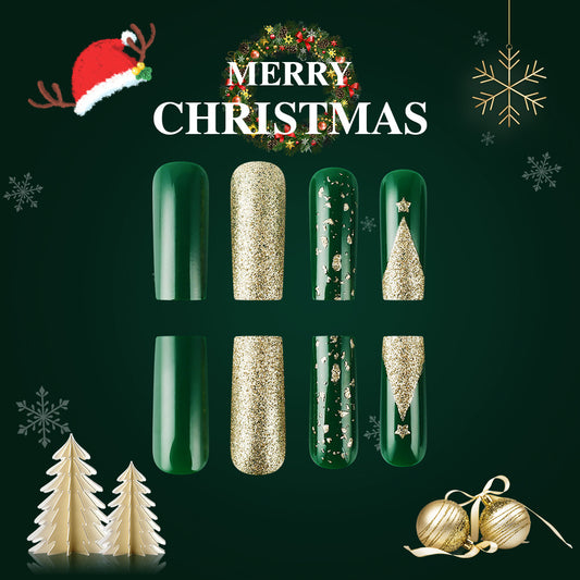 Festive Green and Gold Press On Nail Set Long Square Shape with Glitter and Christmas Tree Design