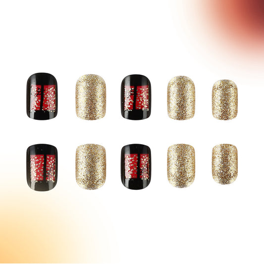Glamorous Golden Glow Press on Nail Set Short Square Shaped Black and Gold Sparkle with Red Accents