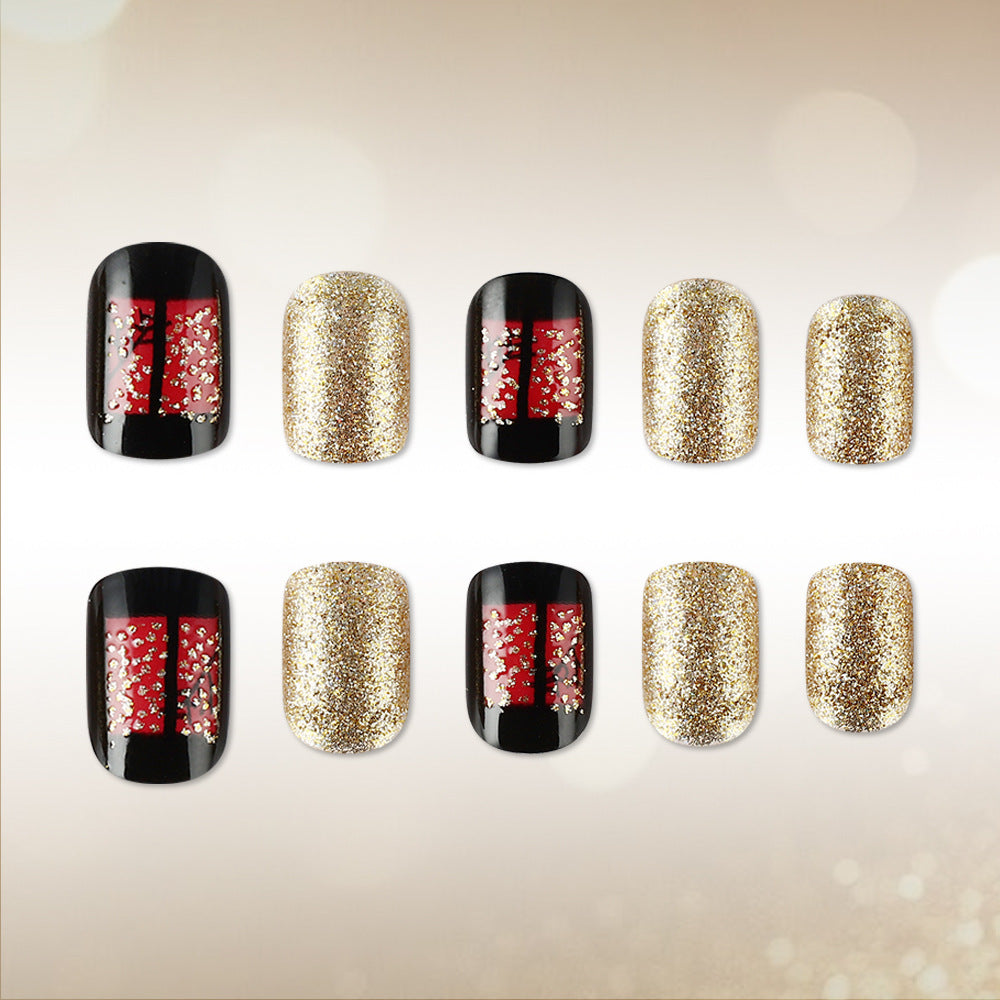 Glamorous Gold Glitter Short Square Press-On Nail Set with Sparkling Design
