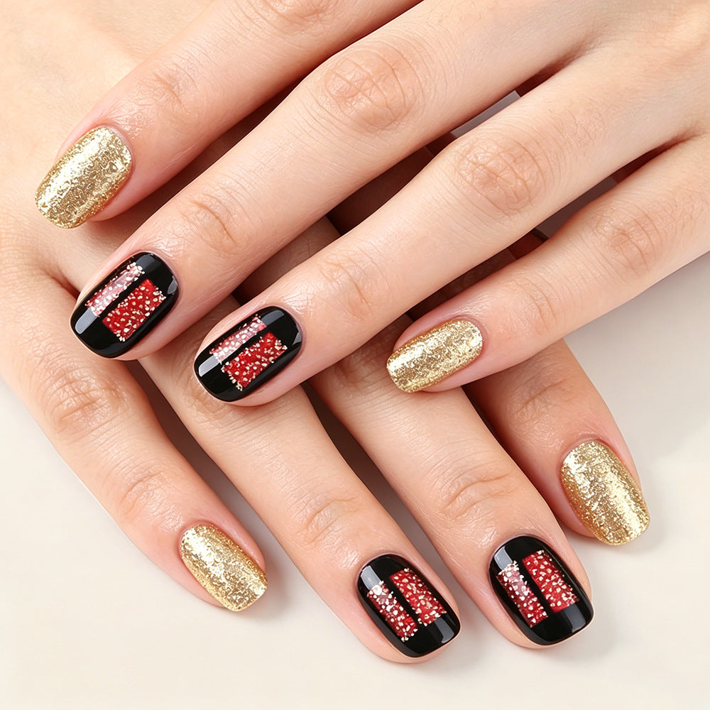Glamorous Party Ready Short Square Black and Gold Glitter Press on Nail Set