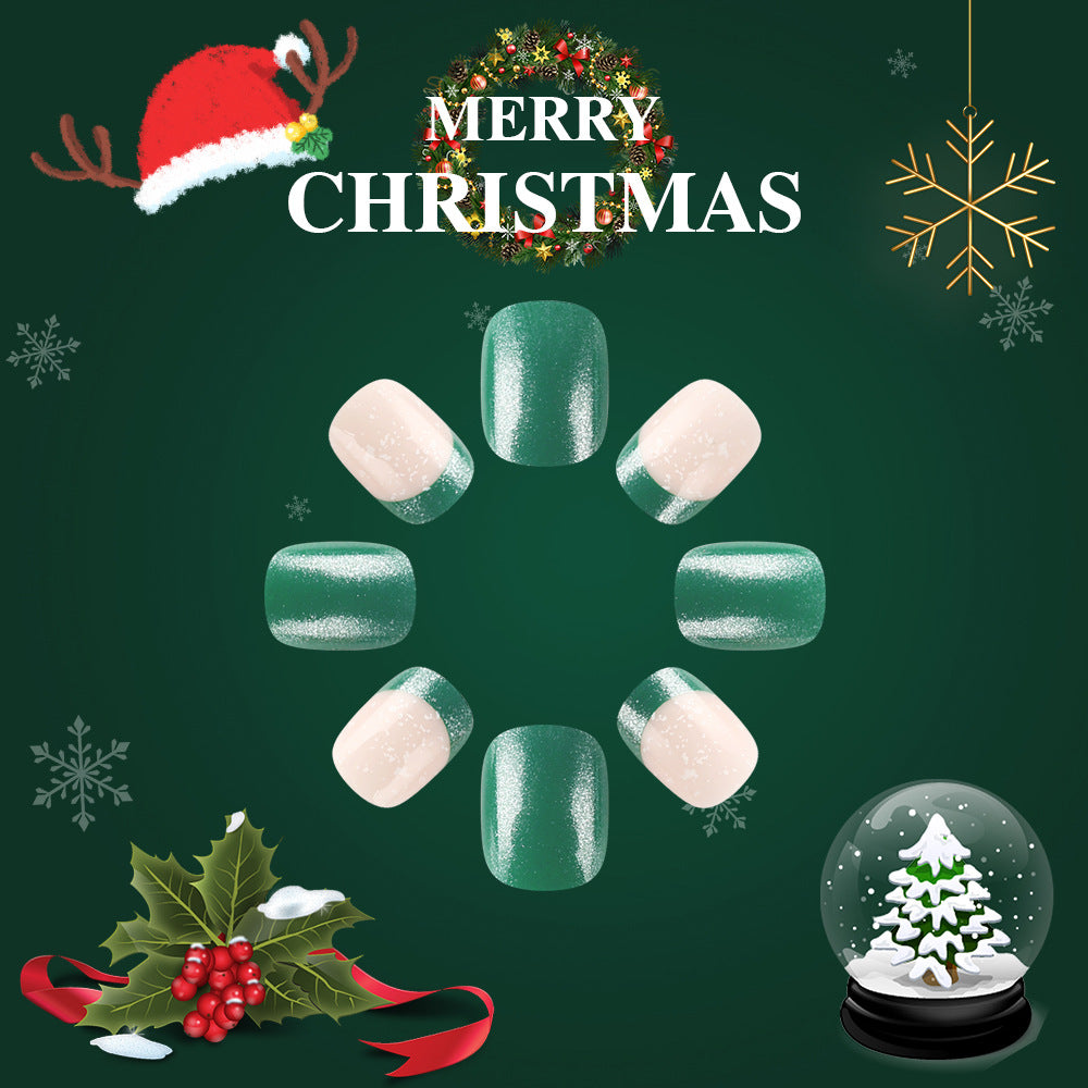 Festive Elegance Short Squoval Emerald Green and Ivory Sparkle Press-On Nail Set