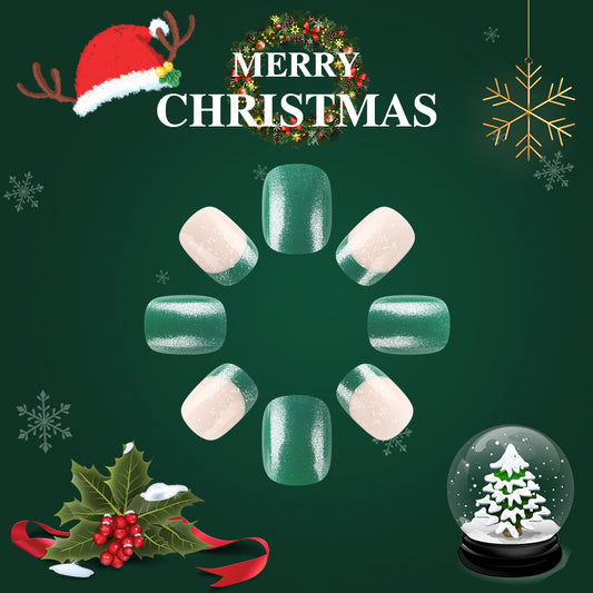 Festive Elegance Short Squoval Emerald Green and Ivory Sparkle Press-On Nail Set