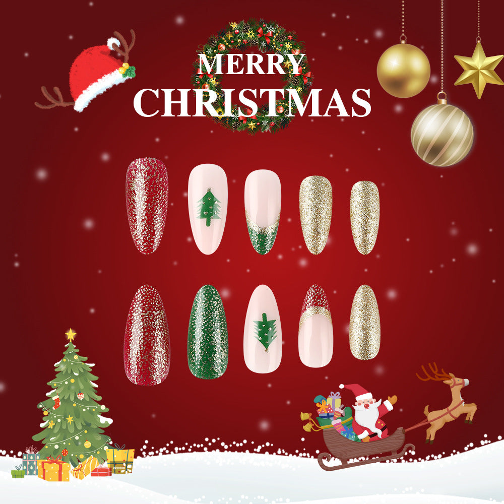 Festive Cheer Long Almond Red Green Gold Press On Nail Set with Christmas Tree Design