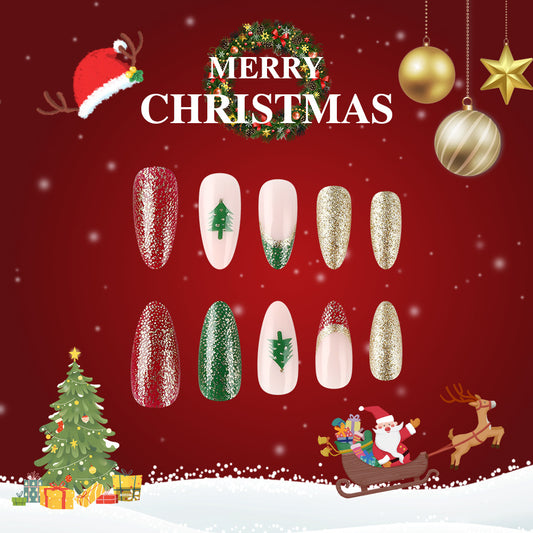 Festive Cheer Long Almond Red Green Gold Press On Nail Set with Christmas Tree Design