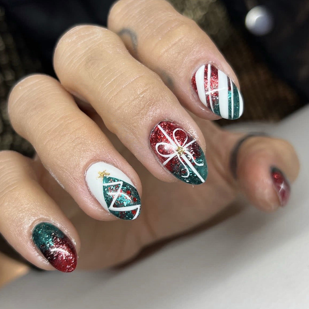 Festive Glamour Long Almond Red Green Glitter Press On Nail Set with Holiday Gift Design