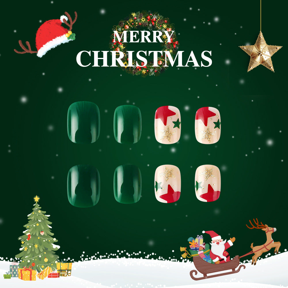 Festive Christmas Magic Round Green and Beige Press On Short Nail Set with Star and Holly Design