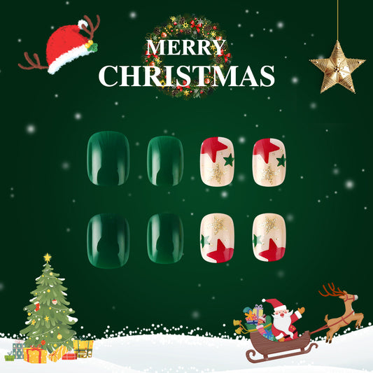 Festive Christmas Magic Round Green and Beige Press On Short Nail Set with Star and Holly Design
