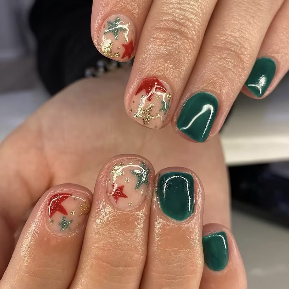 Festive Glamour Short Round Green and Clear with Star Confetti Press On Nail Set