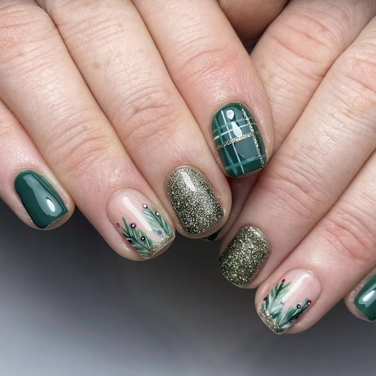Enchanted Forest Short Square Green and Gold Press On Nail Set with Botanical Accents