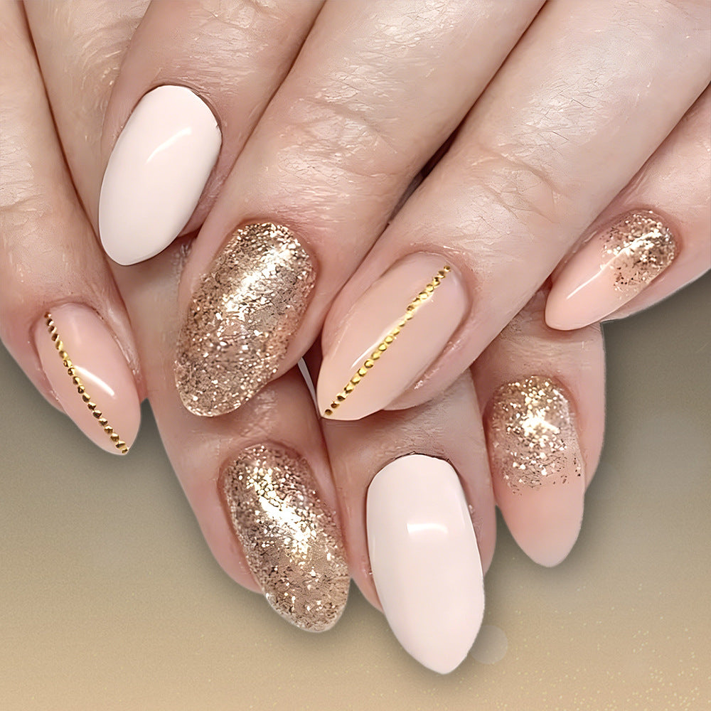 Glamorous Radiance Long Almond Beige with Glitter Accent Nail Set