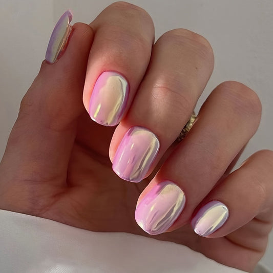 Dreamy Pastels Medium Squoval Pink Iridescent Press On Nail Set with Unique Rainbow Holographic Finish