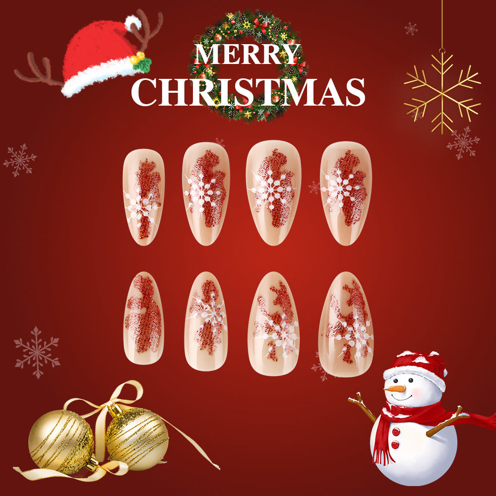 Christmas Wonderland Long Almond Red and Beige Press On Nail Set with Glitter Snowflake Design