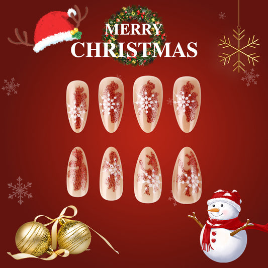 Christmas Wonderland Long Almond Red and Beige Press On Nail Set with Glitter Snowflake Design