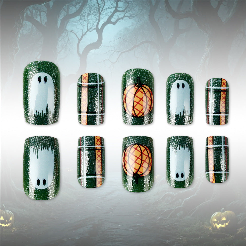 Hauntingly Charming Short Square Green Ghostly Nail Set with Spooky Pumpkin Design