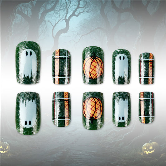 Hauntingly Charming Short Square Green Ghostly Nail Set with Spooky Pumpkin Design