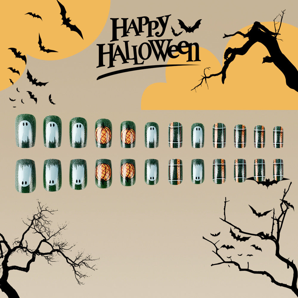 Halloween Spooktacular Medium Square Green Press On Nail Set with Ghost and Pumpkin Designs
