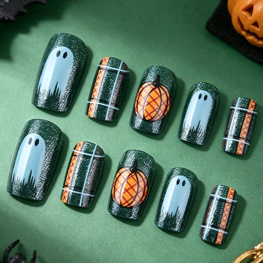 Spooky Autumn Short Square Dark Green with Ghost and Pumpkin Design Press on Nail Set