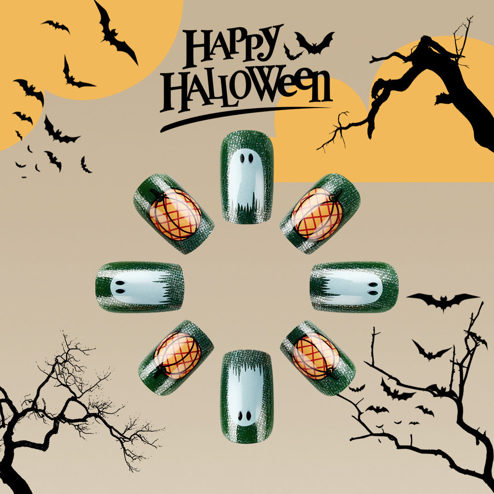 Spooky Season Halloween Inspired Medium Square Green Glow in the Dark Ghost and Pineapple Press On Nail Set
