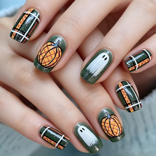 Autumn Vibes Medium Square Olive Green Nail Set with Pumpkin and Ghost Design