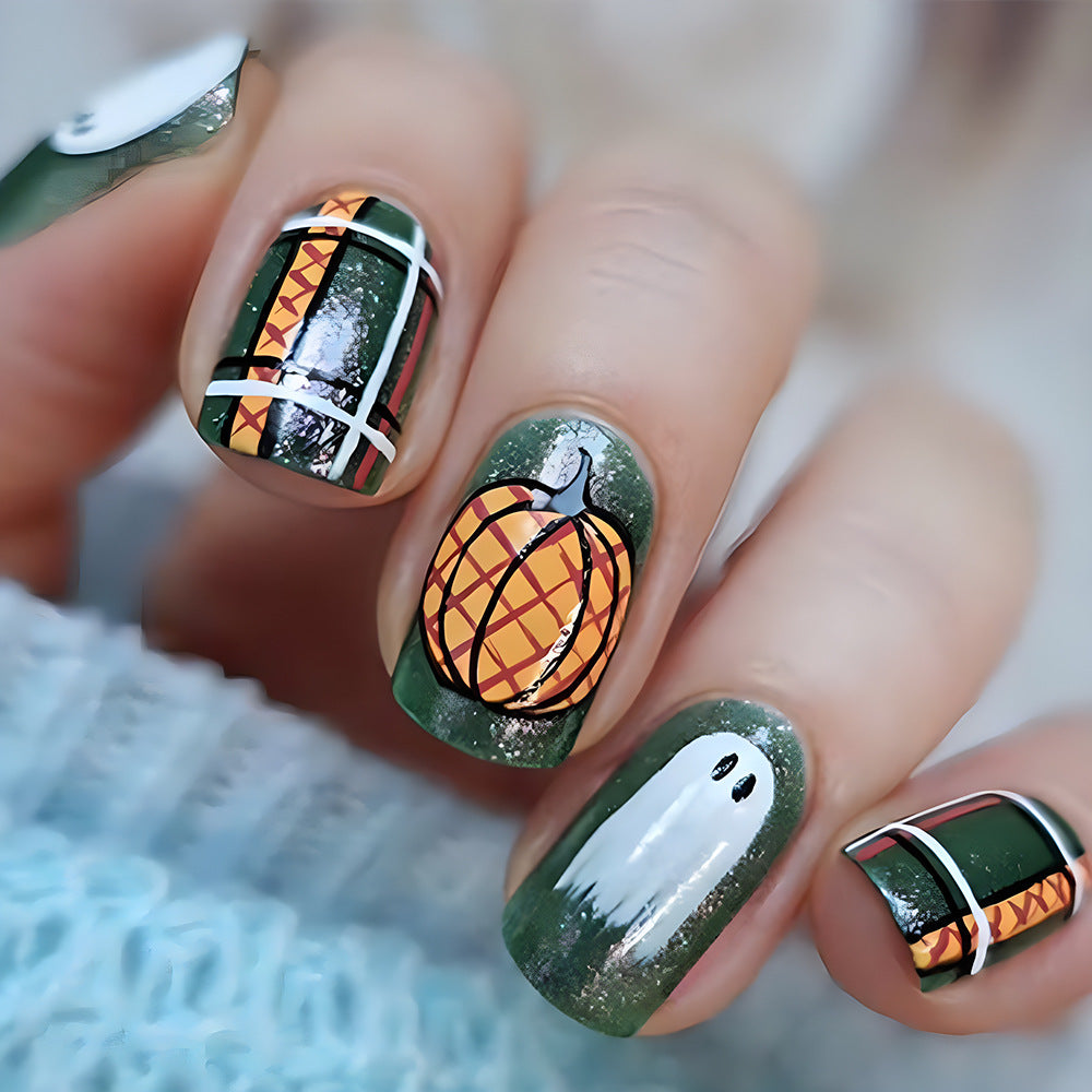 Spooky Autumn Vibes Press On Nails Medium Square Green with Pumpkin and Ghost Design