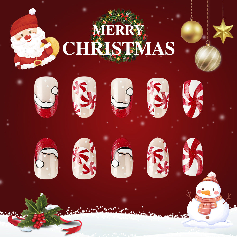 Festive Winter Wonderland Long Oval Red and White Candy Cane Press On Nail Set with Glitter Accents