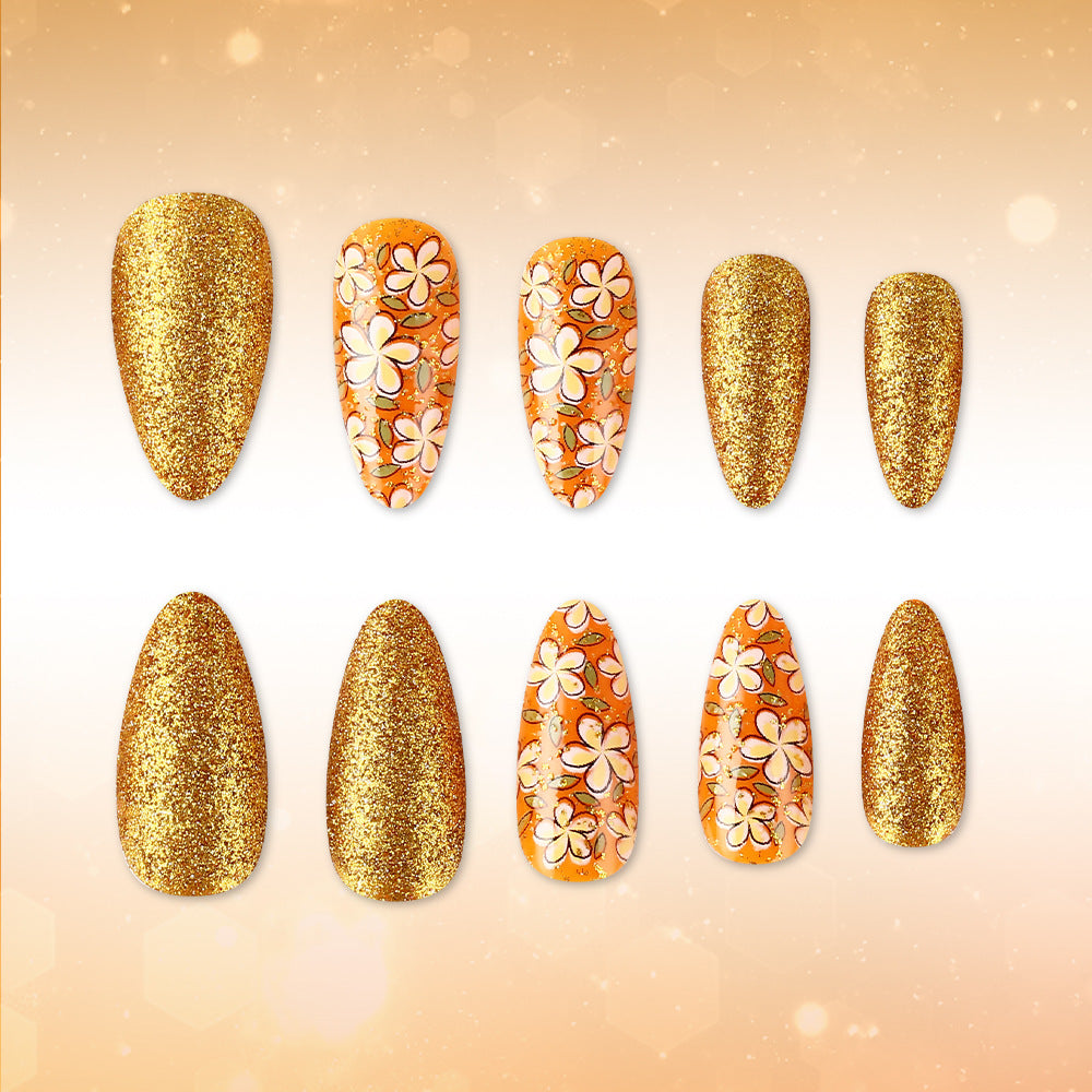 Glamorous Golden Sunset Medium Almond Orange Floral Press on Nail Set