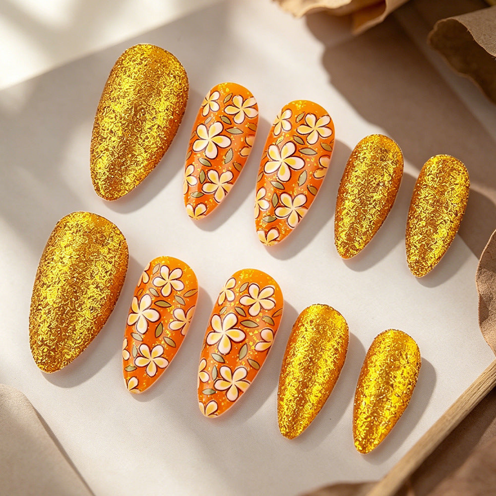 Sunshine Bliss Medium Almond Orange with Golden Glitter and Floral Design Press On Nail Set