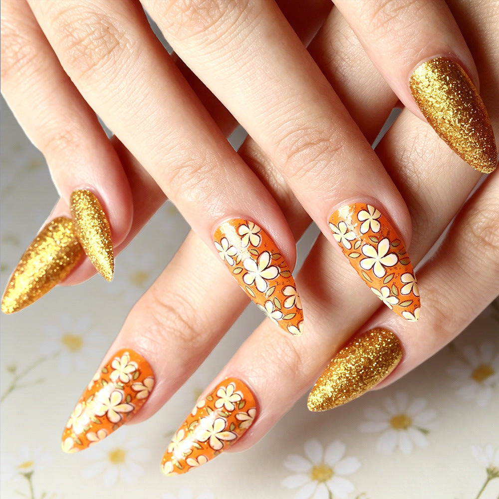 Sunshine Delight Medium Almond Orange Floral Design Press On Nail Set