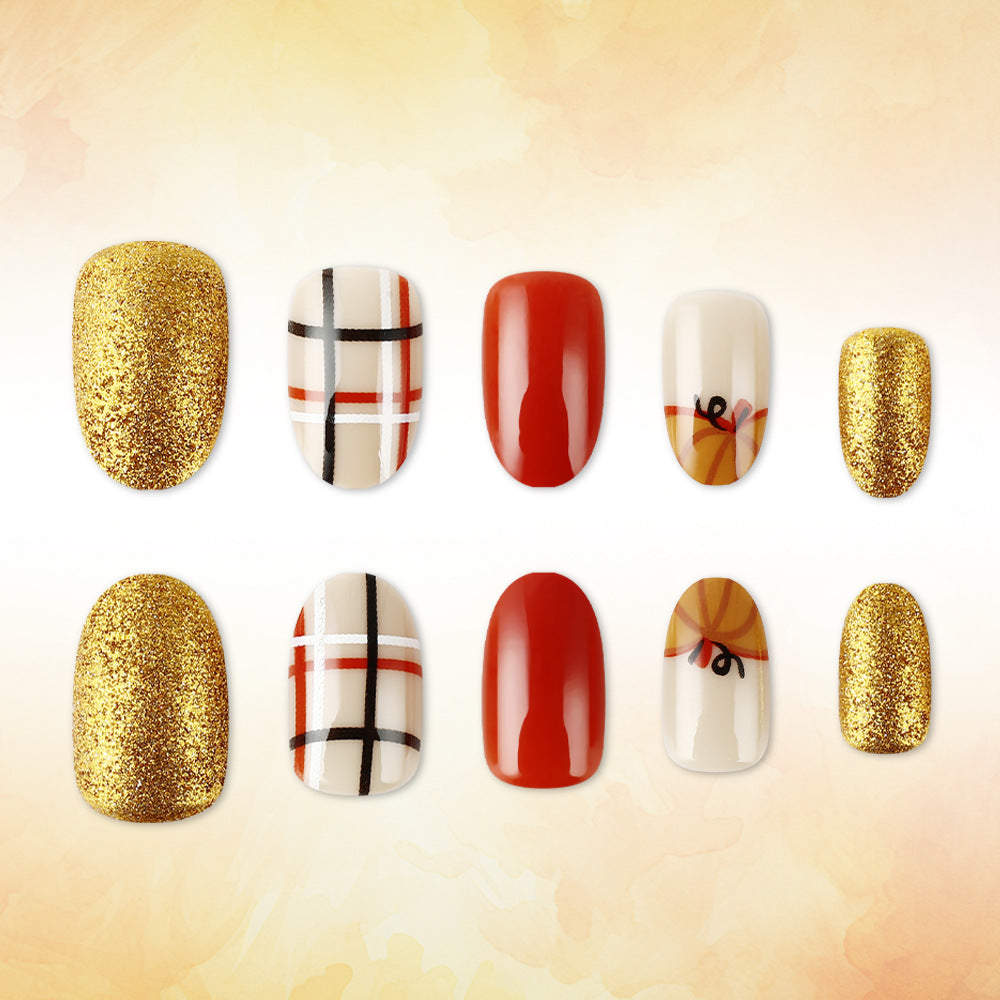 Autumn Elegance Medium Oval Red and Golden Glitter Nail Set
