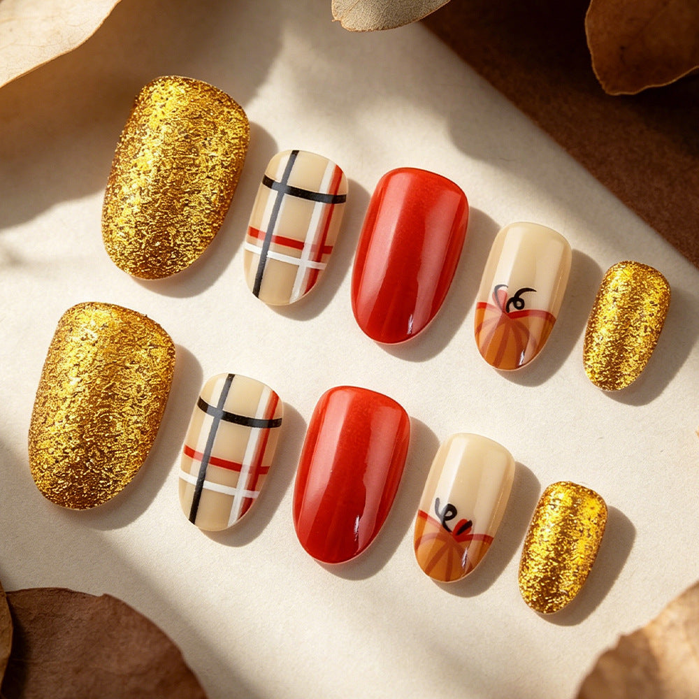 Autumn Glam Medium Oval Red and Gold Glitter Press on Nail Set