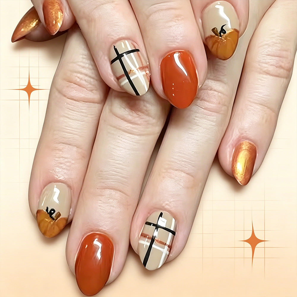 Autumnal Elegance Medium Almond Orange with Pumpkin Accent Nail Set