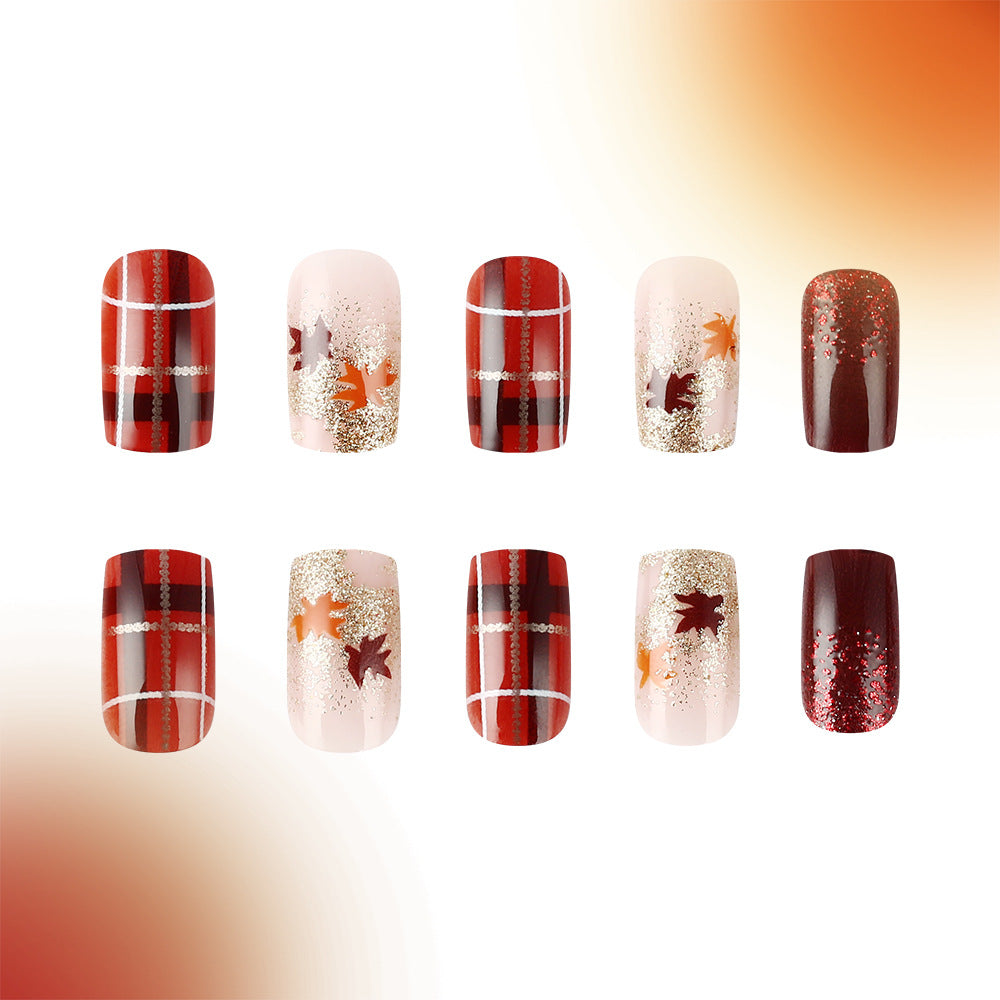 Autumn Vibes Long Coffin Red and Gold Press On Nail Set with Fall Leaf Accents