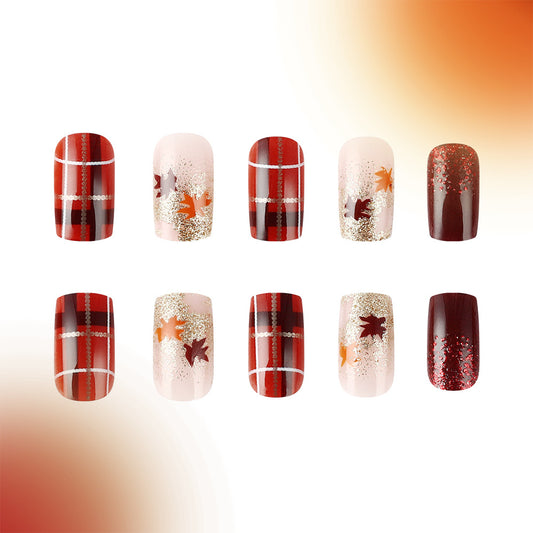 Autumn Vibes Long Coffin Red and Gold Press On Nail Set with Fall Leaf Accents