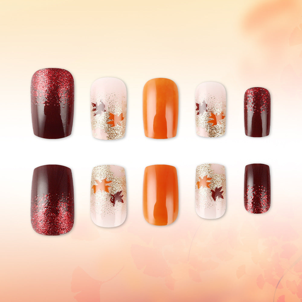 Autumn Elegance Short Square Rich Burgundy and Glitter Press On Nail Set
