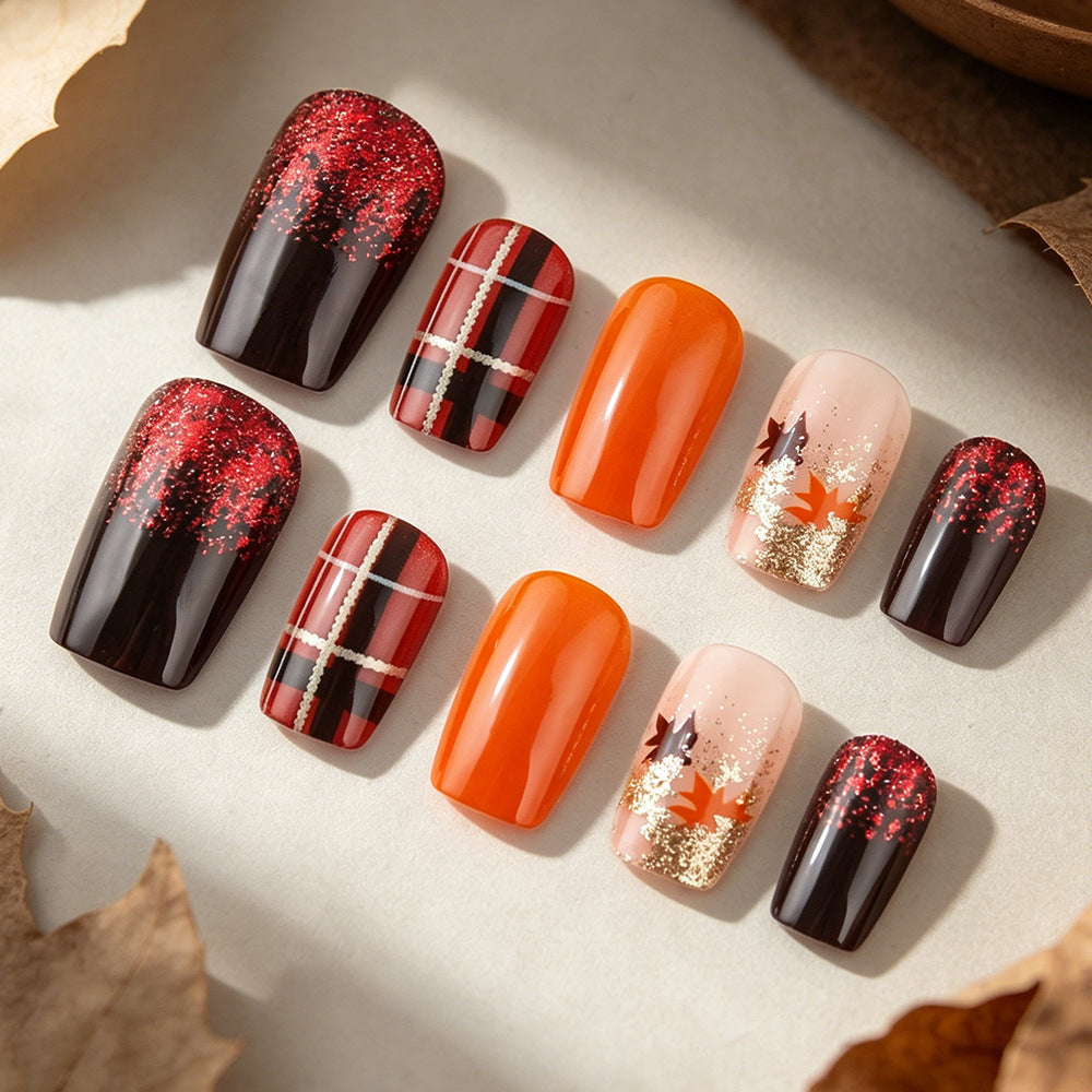 Autumn Glam Short Square Red and Orange Glitter Press On Nail Set