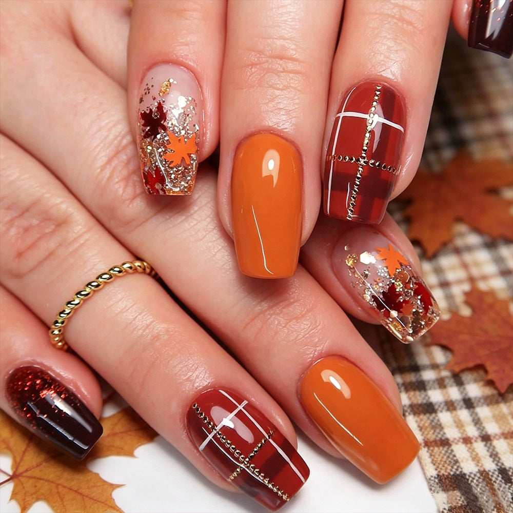 Autumn Glow Short Square Burnt Orange with Glitter Accents Press-On Nail Set