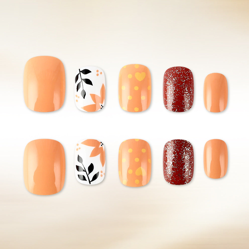 Autumn Bliss Short Square Orange with Floral Accents and Glitter Design Press on Nail Set