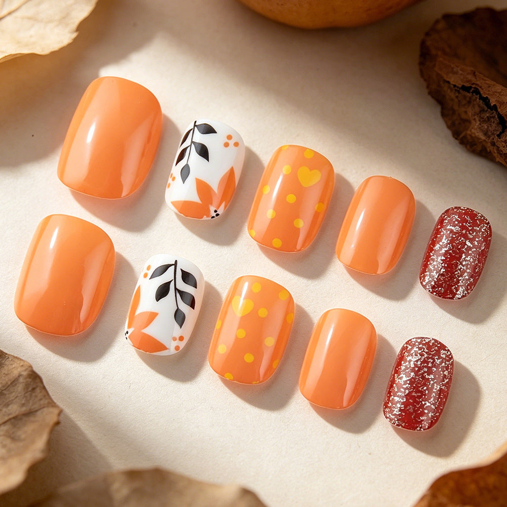 Autumn Vibes Short Square Orange Press On Nail Set with Floral Design
