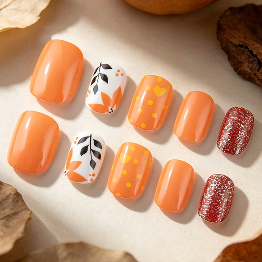 Autumn Vibes Short Square Orange Press On Nail Set with Floral Design