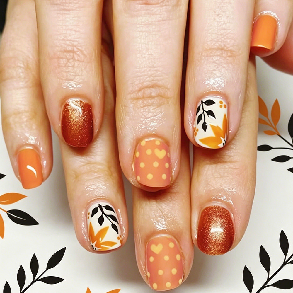 Autumn Elegance Short Square Orange Press on Nail Set with Unique Leaf Design